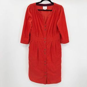 Anthropologie Maeve Women's Orange Corduroy Pleated Button Down Dress Size 8